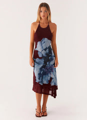 Brinley Halterneck Midi Dress - Maroon Print