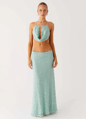 Amoura Sequin Low Rise Maxi Skirt - Mint Sage