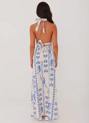 Sky Linen Maxi Dress - Floral Wave
