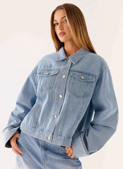 Back Again Oversized Denim Jacket - Light Wash Blue