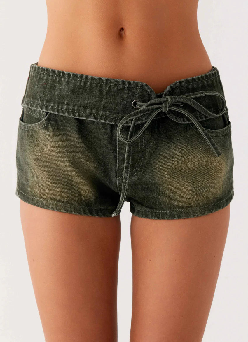 Vivia Denim Micro Shorts - Washed Khaki