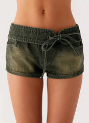 Vivia Denim Micro Shorts - Washed Khaki