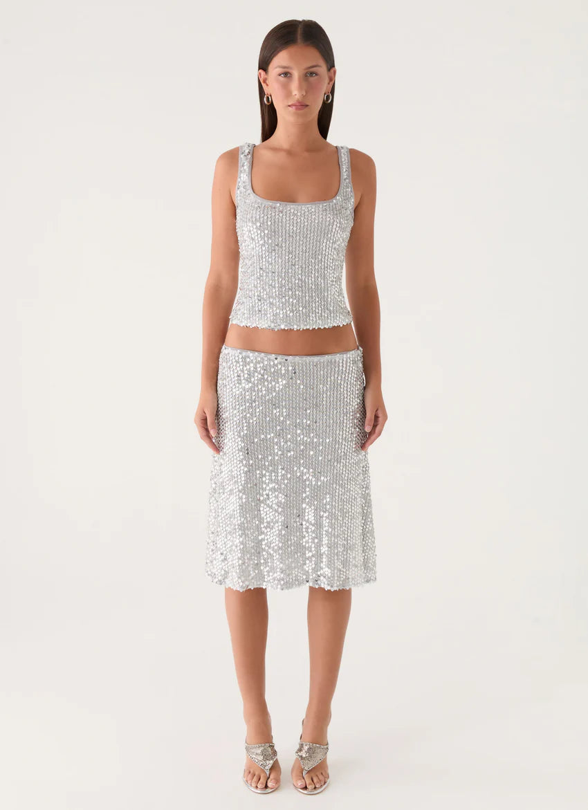 Evodia Sequin Midi Skirt - Silver