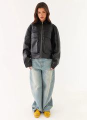 Lula Faux Leather Bomber Jacket - Black