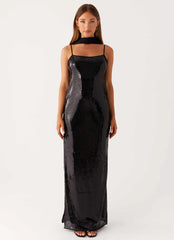 Scarf Neck Sequins Maxi Dress - Black