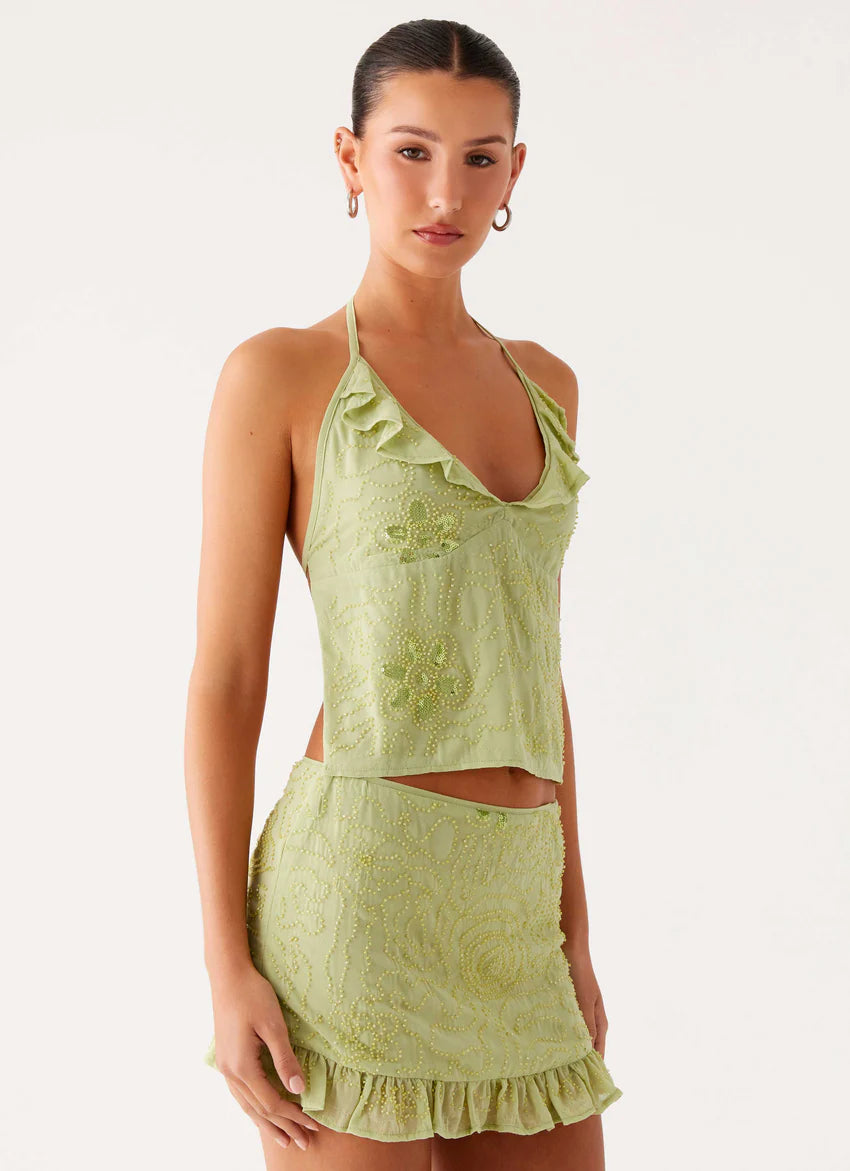 Savoir Beaded Halter Top - Mint