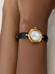 Open Circle Leather Watch in Black