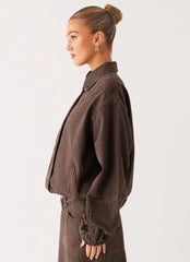 Midwest Washed Denim Bomber Jacket - Light Wash Chocolate