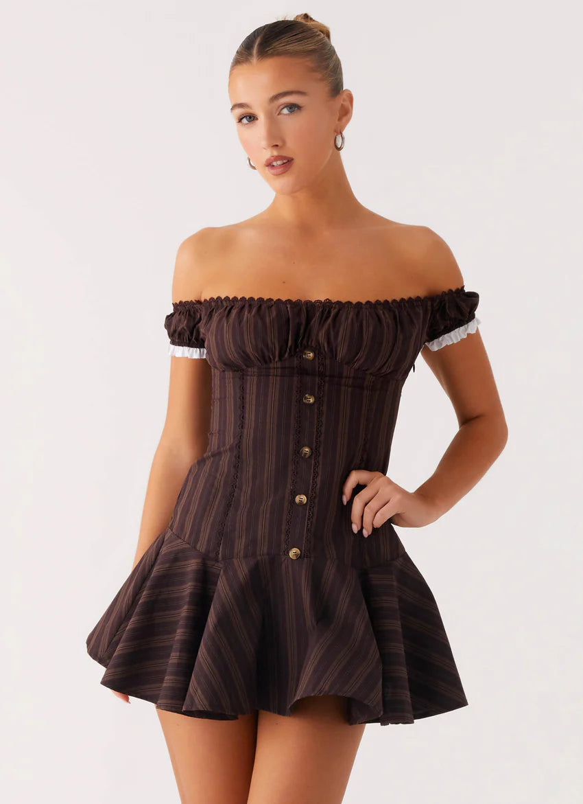 Jumana Off Shoulder Mini Dress - Toffee Stripe