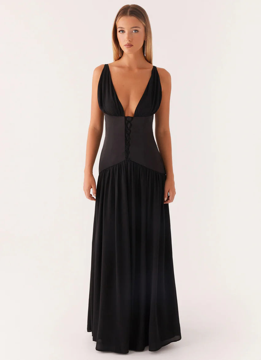 Dafina Satin Maxi Dress - Black